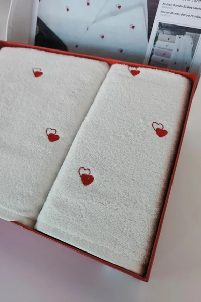 Sevim 2'li Kalp Nakışlı Bambu Banyo Havlu Seti - Yumuşak & Şık - 2'li Çeyizlik Havlu Takımı - Tivoli - Resim 2