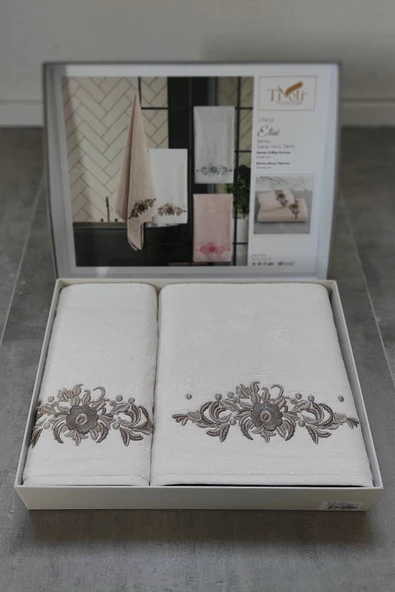 Sevim 2'li Nakışlı & Bambu Banyo Havlu Seti - Çiçek Desenli & Çeyizlik & Kutulu Havlu - Tivoli Elise - 9