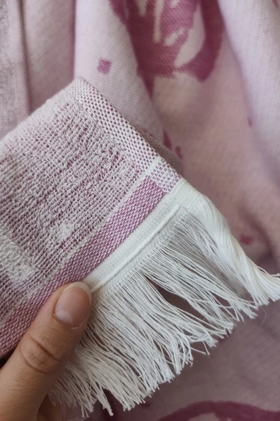 Sevim %100 Pamuk Saçaklı Jakarlı Lale Desenli Peştemal ve Peşkir Takımı - 4