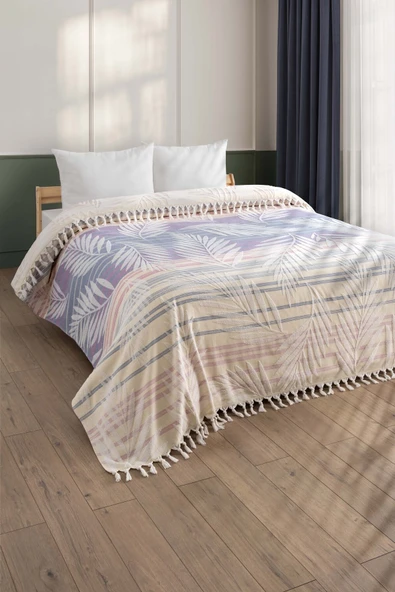 Sevim %100 Pamuk Çift Kişilik Püsküllü Havlu Yatak Örtüsü - Saçaklı & Yumuşak - Hardal Çizgili İndigo - 4