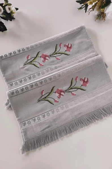 Sevim 2'li Kanaviçe Gül Nakışlı Jakarlı Kadife El Yüz Havlusu - 50x90 Cm - Resim 3
