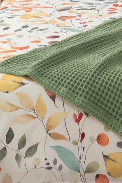 Sevim Yeşil Çift Kişilik Havuzlu Pike Takımı - Çiçek Desenli & Yumuşak Pike Seti - 4 Parça-Fayette - Resim 2