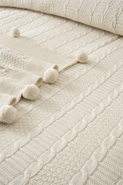 Sevim Çift Kişilik Ponponlu Triko Örme Battaniye - Yumuşak Doku & Şık Tasarım - Mint Yeşili - 220x240 cm - 10