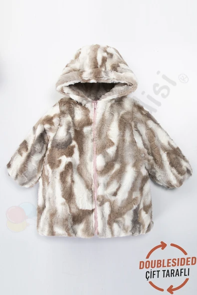 Çift Taraflı içi Kürklü Peluş Şişme Fermuarlı Kalın Kar Kapüşonlu Kışlık Kız Bebek Mont Çocuk Kaban - 2