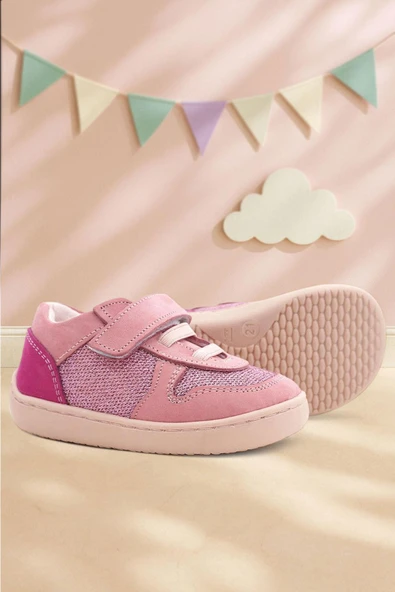 Rakerplus Bob Hakiki Deri Pembe Simli Barefoot Cırtlı Lastikli Bebek Sneaker Ayakkabı ürün görseli