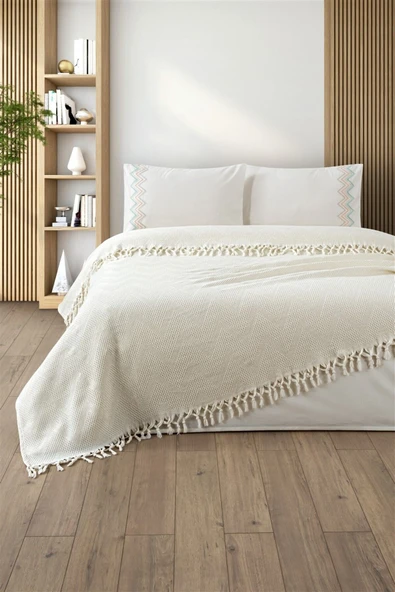 Sevim Jakarlı Bağlama Saçaklı Waffle Pike Takımı-Petekli Pike Seti-Delfina - Resim 10