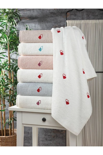 Sevim 2'li Kalp Nakışlı Bambu Banyo Havlu Seti - Yumuşak & Şık - 2'li Çeyizlik Havlu Takımı - Tivoli ürün görseli