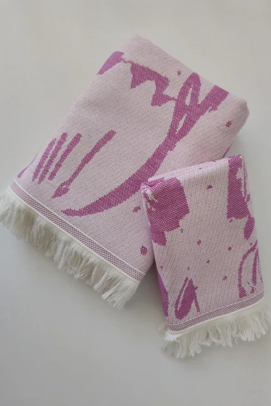 Sevim %100 Pamuk Saçaklı Jakarlı Lale Desenli Peştemal ve Peşkir Takımı - 6