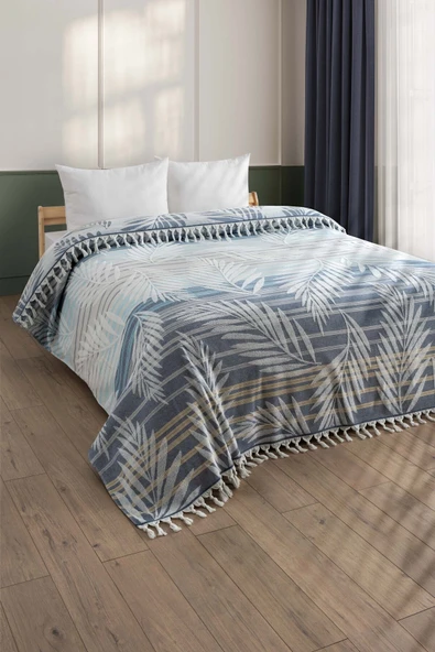 Sevim %100 Pamuk Çift Kişilik Püsküllü Havlu Yatak Örtüsü - Saçaklı & Yumuşak - Hardal Çizgili İndigo