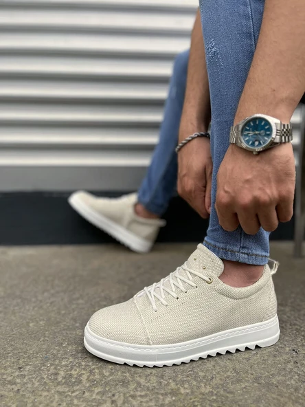 JY152 Cool Bağcıklı Keten Erkek Günlük Spor Klasik Ayakkabı KBT - Beyaz - 3