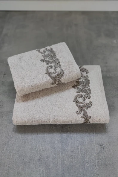 Sevim Bambu Yumuşak & Su Emici Tivoli Cloé Havlu - Gri Rengi Nakışlı Havlu Modelleri - 2'li Set - Resim 4