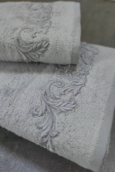 Sevim Bambu Yumuşak & Su Emici Tivoli Cloé Havlu - Gri Rengi Nakışlı Havlu Modelleri - 2'li Set - Resim 2