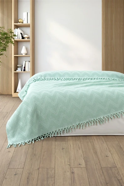 Sevim %100 Pamuk Çift Kişilik Bağlama Saçaklı Pike-220x240 cm-Jakarlı Waffle Pike - 3