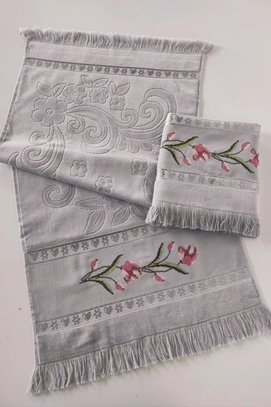 Sevim 2'li Kanaviçe Gül Nakışlı Jakarlı Kadife El Yüz Havlusu - 50x90 Cm - Resim 2