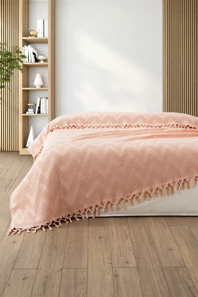 Sevim %100 Pamuk Çift Kişilik Bağlama Saçaklı Pike-220x240 cm-Jakarlı Waffle Pike - 7