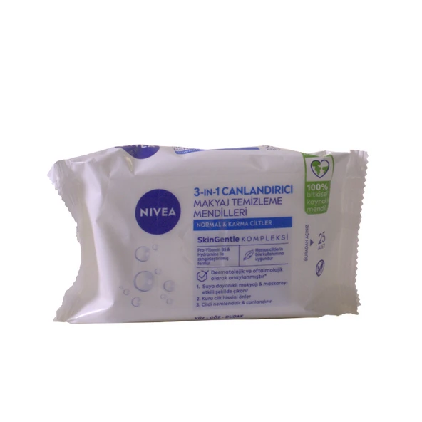 Nivea 3in1 Canlandırıcı Makyaj Temizleme Mendilleri (Normal Karma Ciltler) 25 Adet ürün görseli 1