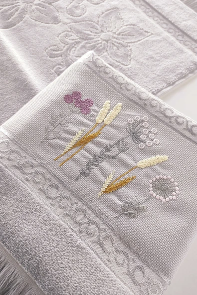 Sevim 2'li Nakışlı Kadife El Yüz Havlusu - %100 Pamuk Jakarlı & Çiçekli - 10