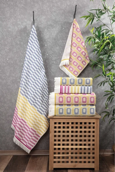 Sevim %100 Pamuk Saçaklı Çok Renkli Peştemal ve Peşkir Takımı-Plaj Havlusu-Şezlong Örtüsü