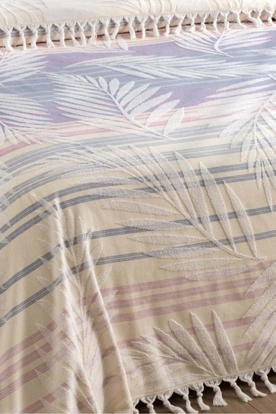 Sevim %100 Pamuk Çift Kişilik Püsküllü Havlu Yatak Örtüsü - Saçaklı & Yumuşak - Hardal Çizgili İndigo - 6