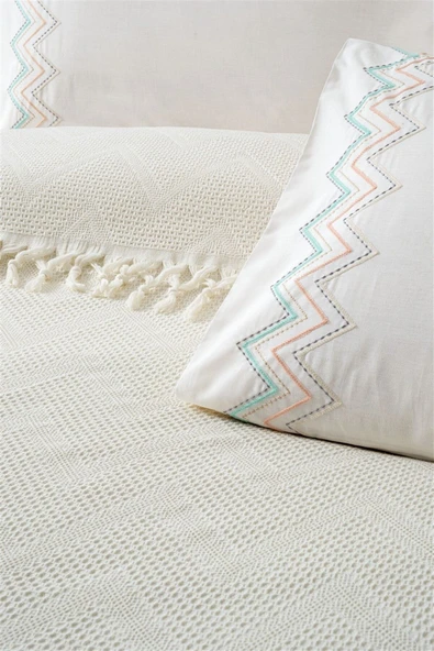 Sevim Jakarlı Bağlama Saçaklı Waffle Pike Takımı-Petekli Pike Seti-Delfina - Resim 9