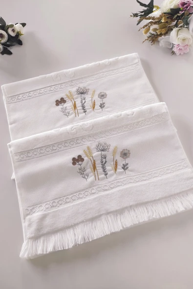 Sevim 2'li Nakışlı Kadife El Yüz Havlusu - %100 Pamuk Jakarlı & Çiçekli - 8