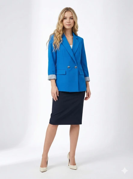 Kadın Astarlı Kol Detaylı Düğmeli Büyük ve Normal Beden Blazer Ceket -C409 ürün görseli 1