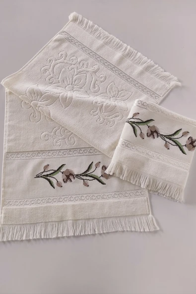 Sevim 2'li Kanaviçe Gül Nakışlı Jakarlı Kadife El Yüz Havlusu - 50x90 Cm - Resim 8