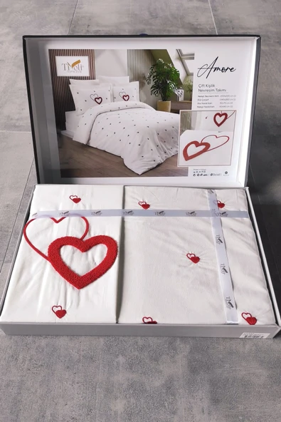 Sevim Kalp Nakışlı Çift Kişilik Nevresim Takımı - 6 Parça Lüks Set - Düğün & Çeyiz Takımı - Tivoli - Resim 5