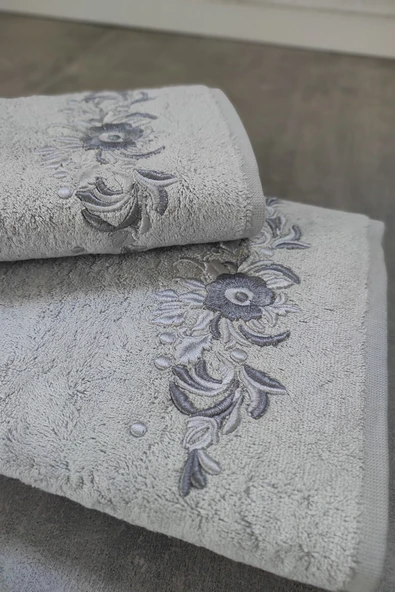 Sevim 2'li Nakışlı & Bambu Banyo Havlu Seti - Çiçek Desenli & Çeyizlik & Kutulu Havlu - Tivoli Elise - 2