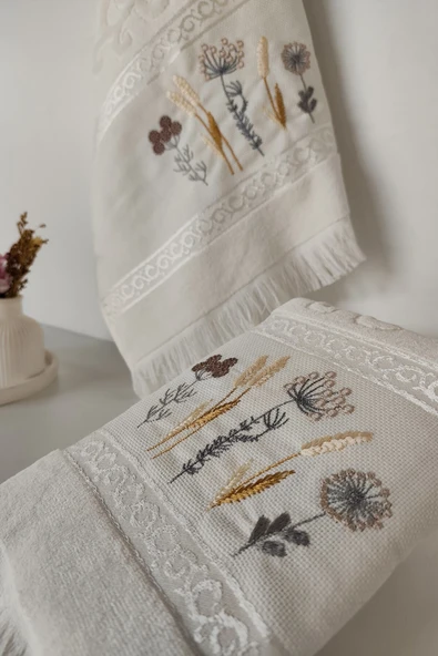 Sevim 2'li Nakışlı Kadife El Yüz Havlusu - %100 Pamuk Jakarlı & Çiçekli - 5