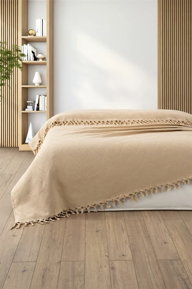 Sevim %100 Pamuk Çift Kişilik Bağlama Saçaklı Pike-220x240 cm-Jakarlı Waffle Pike
