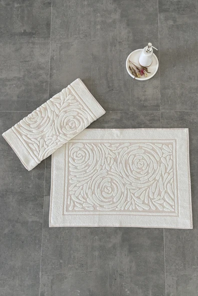 Sevim 2'li Ayak Havlusu Seti - Zemini Renkli & Üç Boyutlu - %100 Pamuk - Su Emici - 3