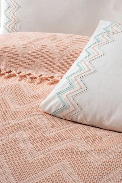 Sevim Jakarlı Bağlama Saçaklı Waffle Pike Takımı-Petekli Pike Seti-Delfina - Resim 8