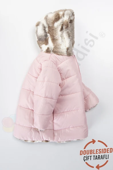 Çift Taraflı içi Kürklü Peluş Şişme Fermuarlı Kalın Kar Kapüşonlu Kışlık Kız Bebek Mont Çocuk Kaban - 4