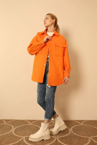 Jakar Kumaş Geometrik Desen Oversize Kadın Gömlek-Oranj ürün görseli