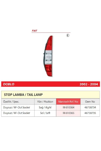 Fiat Doblo Sol Arka Duysuz Stop Lambası 2002-2004 -46738735 - Resim 2