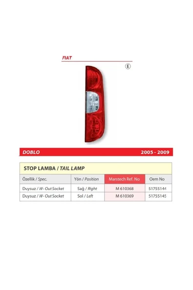 Fiat Doblo Sağ Arka Duysuz Stop Lambası 2005-2009 -51755144 - Resim 2