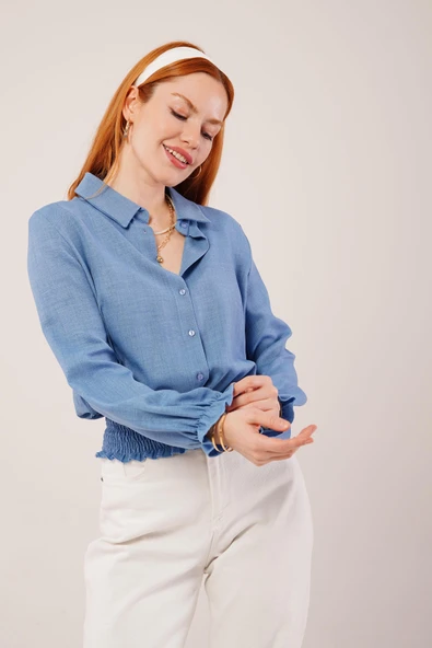 Bel Ve Bilek Lastikli Mavi Bluz - Resim 4