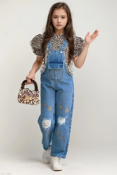 Kız Çocuk Leopar Desenli Balon Kollu Bluz Yıldız Baskılı Yırtık Detaylı Kot Tulum ürün görseli