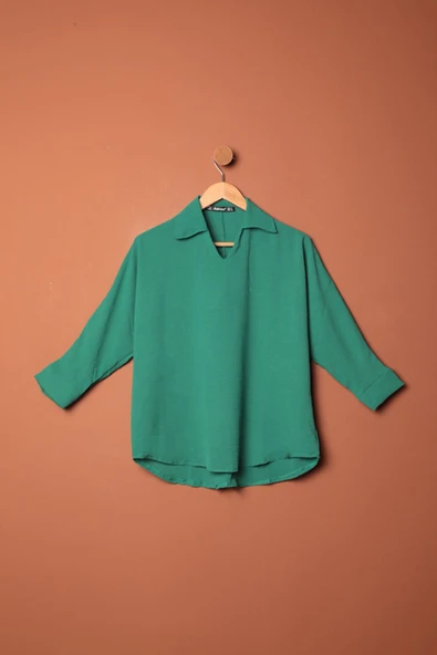 Aerobin Kumaş V Gömlek Yaka Kadın Gömlek-Yeşil ürün görseli