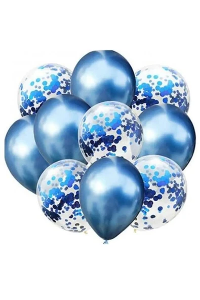 10 Adet 12 Inç Krom Mavi Ve Konfetili Karışık Balon