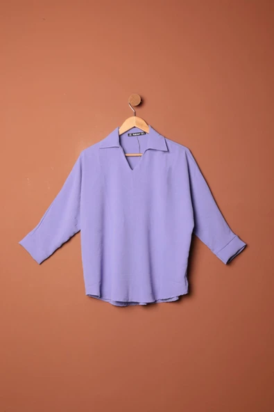 Aerobin Kumaş V Gömlek Yaka Kadın Gömlek-Lila ürün görseli