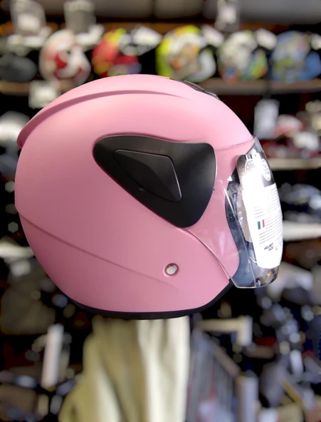 Sway Xbyc 633 Solid Şeffaf Vizörlü Yarım Motosiklet Scooter Kaskı Small Beden Pembe - 8