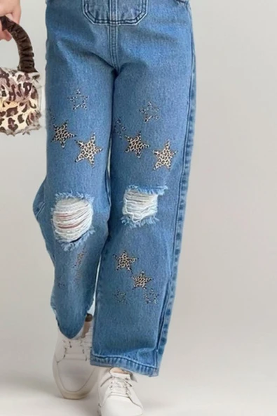 Kız Çocuk Leopar Desenli Balon Kollu Bluz Yıldız Baskılı Yırtık Detaylı Kot Tulum - Resim 5