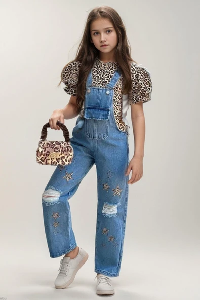 Kız Çocuk Leopar Desenli Balon Kollu Bluz Yıldız Baskılı Yırtık Detaylı Kot Tulum - Resim 2