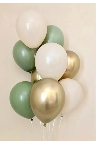10 Adet 12 Inç Krom Gold Küf Yeşili Ve Beyaz Karışık Balon