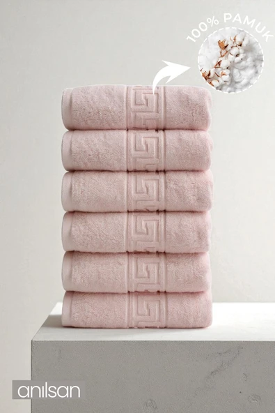 6'lı Pudra Greek El Havlusu - 50x90 Cm, 225 Gr, %100 Pamuk, Spa Ve Otel Havlusu, Günlük Kullanıma Uygun