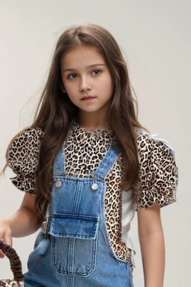 Kız Çocuk Leopar Desenli Balon Kollu Bluz Yıldız Baskılı Yırtık Detaylı Kot Tulum - Resim 4