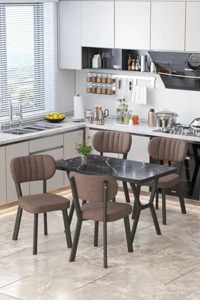 Parla 70x110cm Siyah Mermer Mutfak Masası, Mutfak Masası Takımı, Yemek Masası, 4 Kahverengi Sandalye