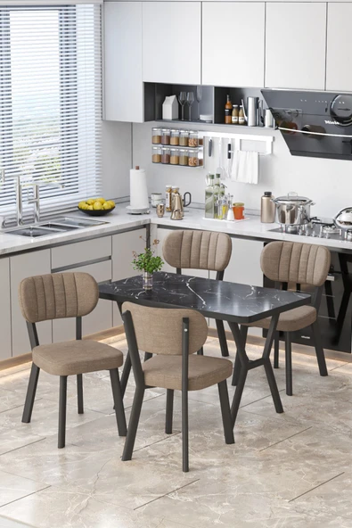 Parla 70x110cm Siyah Mermer Mutfak Masası, Mutfak Masası Takımı, Yemek Masası, 4 Cappucino Sandalye - 1